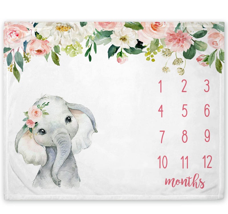 Popfavors Floral Elephant Baby Monthly Milestone Blanket, Jungle Elephant Girl's Soft Fleece Monthly Milestone Blanket, Girl Elephant Nursery Infant Newborn, Includes Marker (White, 50"x40") - Image 3